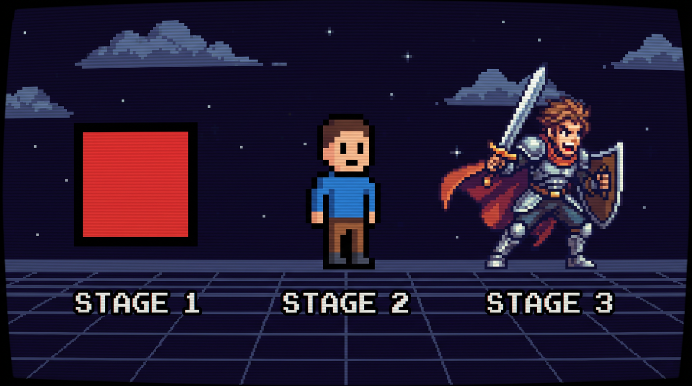 Three-stage evolution of a game character from a red box to a basic pixel sprite to a detailed pixel art knight