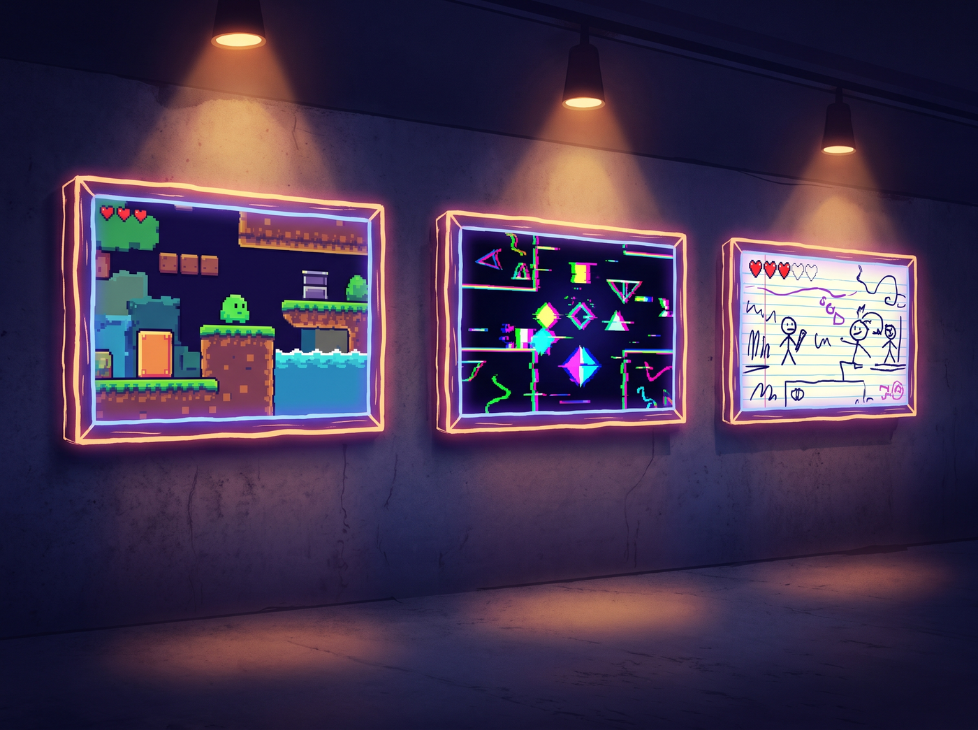Gallery wall with framed indie game screenshots in pixel art and sketch styles