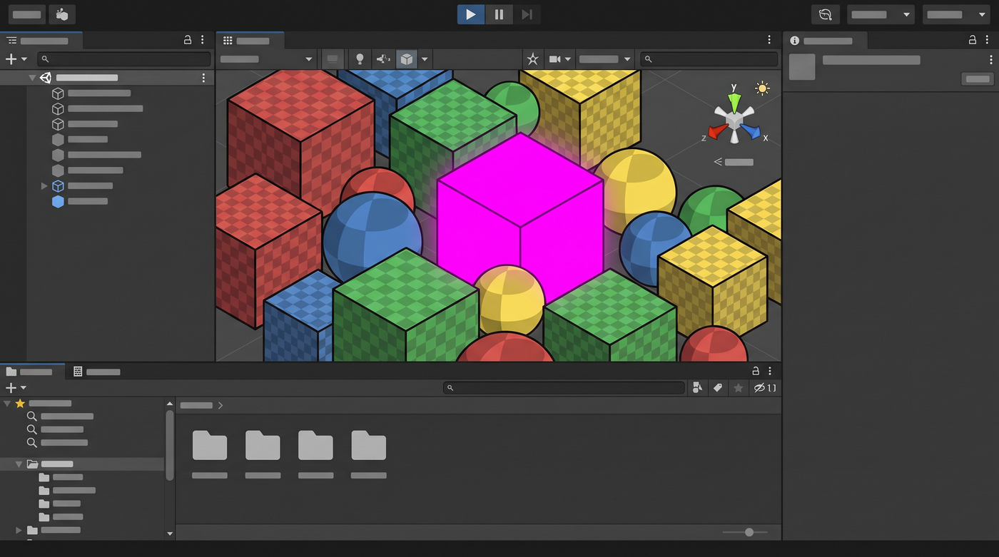 Unity editor scene view with colorful placeholder primitives: cubes, spheres, cylinders, and a bright magenta glowing cube